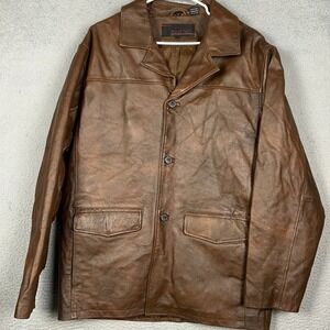 Phase Two Leather Jacket Mens Large Brown Car Coat Button Front Collared Pockets